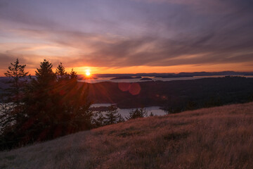 Fototapeta premium San Juan Islands seen from the summit of a peak in the Turtleback Mountain Preserve, Orcas Island, Washington, USA