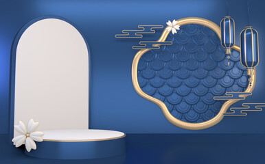 The Mock up Blue Podium for product display minimal geometric design.3D rendering