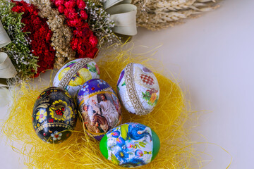 Colorful Easter eggs and colorful Easter palm 