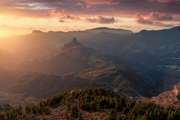 view of Roque bentayga at sunset. Landscape. Gran Canaria. Canary Islands	