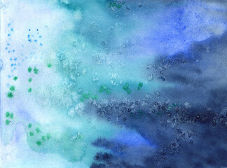 watercolor illustration texture with blue blue green and white streaks with green splashes