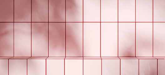 Summer mockup background for product presentation. Pink tile podium and red grout with plant shadow. Clipping path included. 3d rendering illustration. 