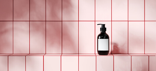 Summer mockup background for product presentation. Cosmetic bottle, pink tile podium and red grout with plant shadow. Clipping path included. 3d rendering illustration. 