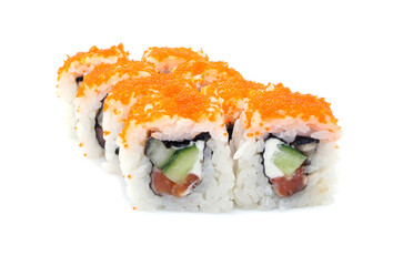 Set of sushi rolls on a white plate isolated on white background. Classic roll with salmon, cucumber and cheese. Traditional Japanese cuisine. Eight pieces. Top view.