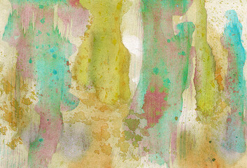 watercolor illustration texture with patches of green yellow and pink on a beige background
