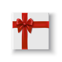 White gift box with red bow. Package with ribbon. Vector illustration.