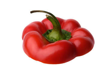 Cut off top of red bell pepper with green tail on white background