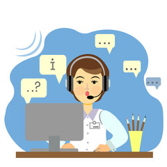The call center employee sits at a desk in an office in front of a computer and answers customer requests