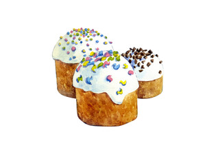Easter cakes painted in watercolor. A postcard for Easter.