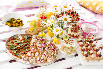 Outdoor picnic party, variety food on blanket