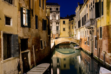 Venice, Italy 26 January 2021: Night photography taken during a walk through the streets of Venice in Italy. Long exposure technique