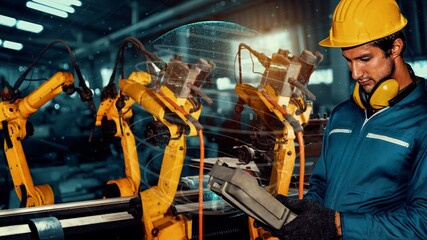 Smart industry robot arms modernization for digital factory technology . Concept of automation...