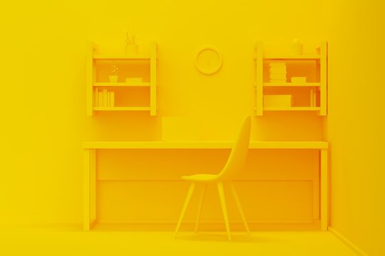 Home Workplace Interior With Wood Furniture, Shelves And Yellow Wall. 3d Rendering