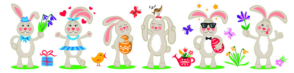 Easter bunny set with flowers and eggs. Hand drawn flat cartoon elements. Vector illustration on white background.