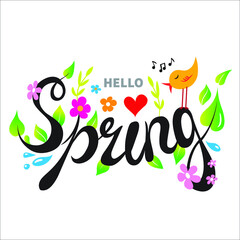 Obraz premium Hello Spring hand sketched. Lettering spring season with leaf, bird and flowers for greeting card, invitation template. Vector illustration on white background.