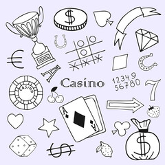 Vector hand drawn doodles with casino elements on grey background