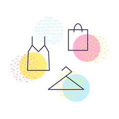Singlet coat hanger bag linear contour empty creative design geometric sign icon circle bright colors yellow blue pink small elements abstraction vector illustration.