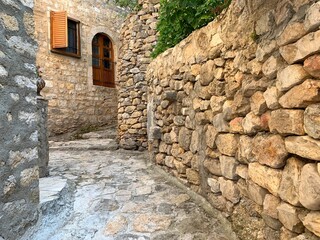Montenegro old town Ulcinj ancient stone wall and buildings. Scenic narrow streets built in the 15th century during the reign of the Venetian Republic 