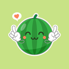 Cute and kawaii watermelon character emoticon . Summer fruit. Watermelon character emoji illustration. Healthy food funny mascot vector illustration in flat design.