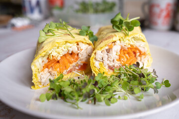 Homemade shawarma / burrito / chicken roll with vegetables and sauce
