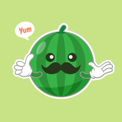 Cute and kawaii watermelon character emoticon . Summer fruit. Watermelon character emoji illustration. Healthy food funny mascot vector illustration in flat design.