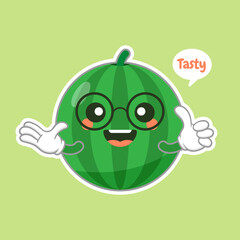 Cute and kawaii watermelon character emoticon . Summer fruit. Watermelon character emoji illustration. Healthy food funny mascot vector illustration in flat design.
