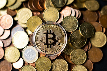 Bitcoin virtual money and fiat money coins Euro. Decentralised Cryptocurrency logo of BTC coin. 