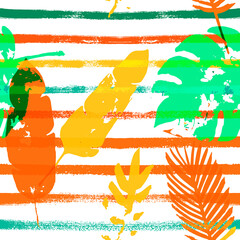 Sailor Stripes Vector Seamless Pattern, Orange Green Vivid Exotic Floral Fabric Design.