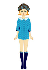 A blond Slavic girl in a fashionable knitted blue dress with a white collar and a kokoshnik. Template. Fashion show. Russian headdress. Fashion design and modeling, advertising