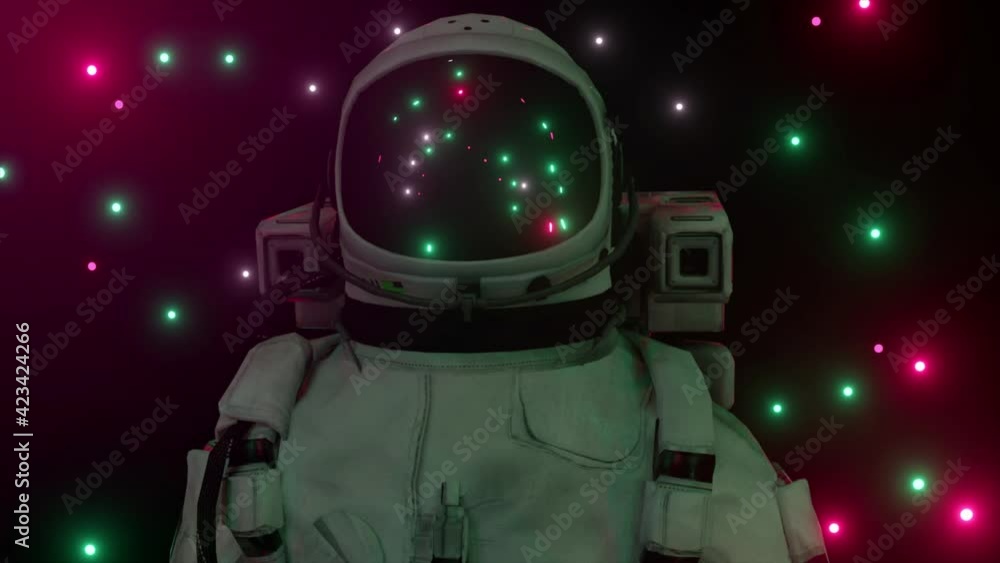 Poster astronaut surrounded by flashing neon lights. music and nightclub concept. 3d animation of a seamles