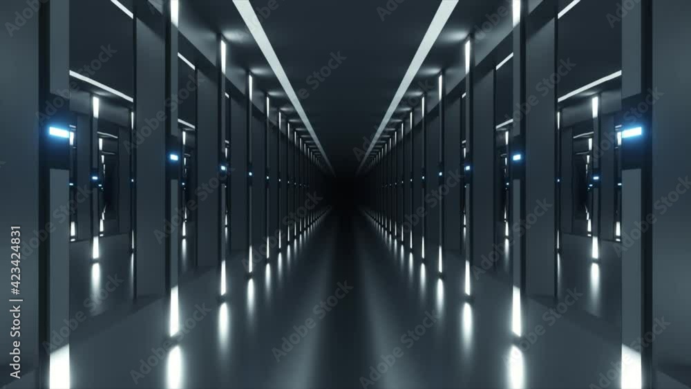 Poster sci-fi tunnel or spaceship corridor. the camera pans down a neon-lit corridor. future concept. 3d an