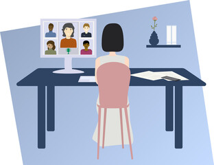 Work and study at home concept. Video conference. Online meeting group of people. Isolated vector illustration on white background