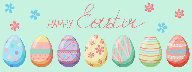 Easter banner with colorful eggs and lettering.
