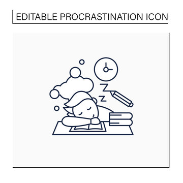 School procrastinating line icon.Unnecessarily postpone dealing tasks. Sleep at lesson. Tired person.Overload concept. Isolated vector illustration.Editable stroke