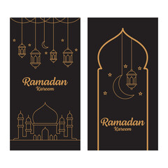 Ramadan kareem line art vector design template, mosque, moon, lantern