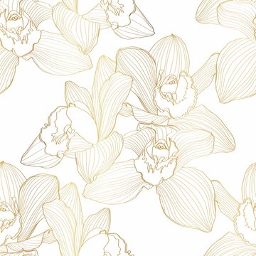 Luxury gold floral line art wallpaper. Orchid Cymbidium flower golden line design for textiles, wall art, fabric, wedding invitation, cover design.