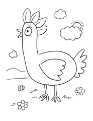 Cute Farm Chicken Rooster Coloring Book Page Vector Illustration Art