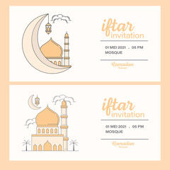 Ramadan kareem iftar invitation line art vector design template, mosque, moon, lantern