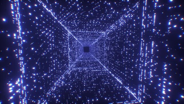 Digital technology tunnel. 3D Big Data Digital square corridor with futuristic matrix. Binary code particle network. Motion and communication technology background. Flashing particles.