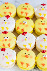 Easter macarons chicks background. Easter treat, dessert, symbol. Selective focus.