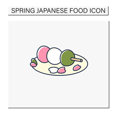 Sanshoku dango color icon. Rice balls or dumplings on stick.Traditional dish.Spring Japanese food concept. Isolated vector illustration
