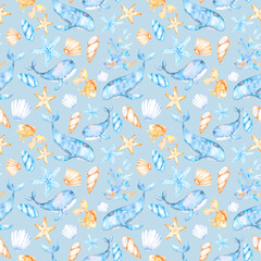 Seamless pattern on the marine theme from watercolor seashells, corals, whales and starfishes with beige-blue gamut for printing on fabric, wrapping paper, textiles, clothing and design