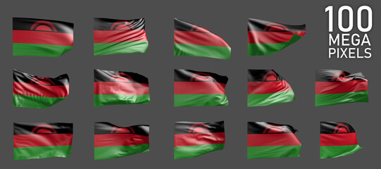 Fototapeta na wymiar 14 various pictures of Malawi flag isolated on grey background - 3D illustration of object