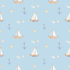 Watercolor marine pattern of beige seashells, garlands with flags,sea anchor and boat for design and decor on blue. Great for cards, posters, coupons, baby products, decorative paper, and any design.