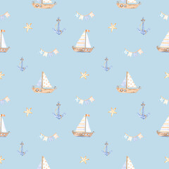 Watercolor marine pattern of beige seashells, garlands with flags,sea anchor and boat for design and decor on blue. Great for cards, posters, coupons, baby products, decorative paper, and any design.