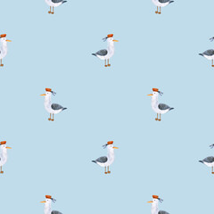 Watercolor marine pattern with cute seagulls in a burgundy beret on a blue background. Great for cards, posters, coupons, baby products, decorative paper, and any design.