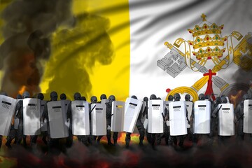 Holy See protest fighting concept, police swat in heavy smoke and fire protecting government against revolt - military 3D Illustration on flag background