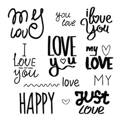 A set of hand-drawn brush ink inscriptions in the doodle style: Love & hugs, I love you, Love, Helloy. Modern calligraphy brush for wedding cards and Valentine's Day greeting cards.