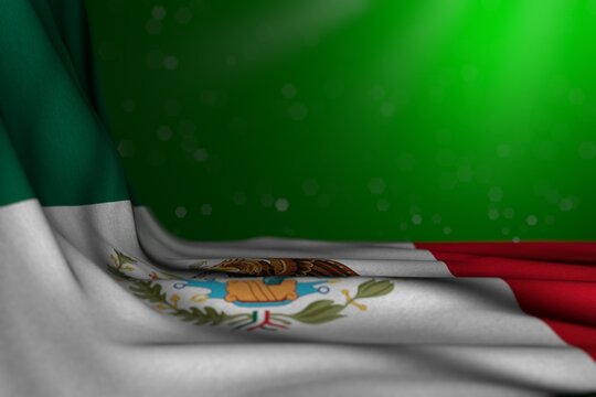 pretty holiday flag 3d illustration. - dark picture of Mexico flag lying in corner on green background with selective focus and empty place for your text