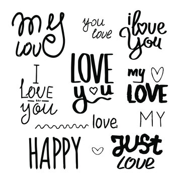 Fototapeta A set of hand-drawn brush ink inscriptions in the doodle style: Love & hugs, I love you, Love, Helloy. Modern calligraphy brush for wedding cards and Valentine's Day greeting cards.